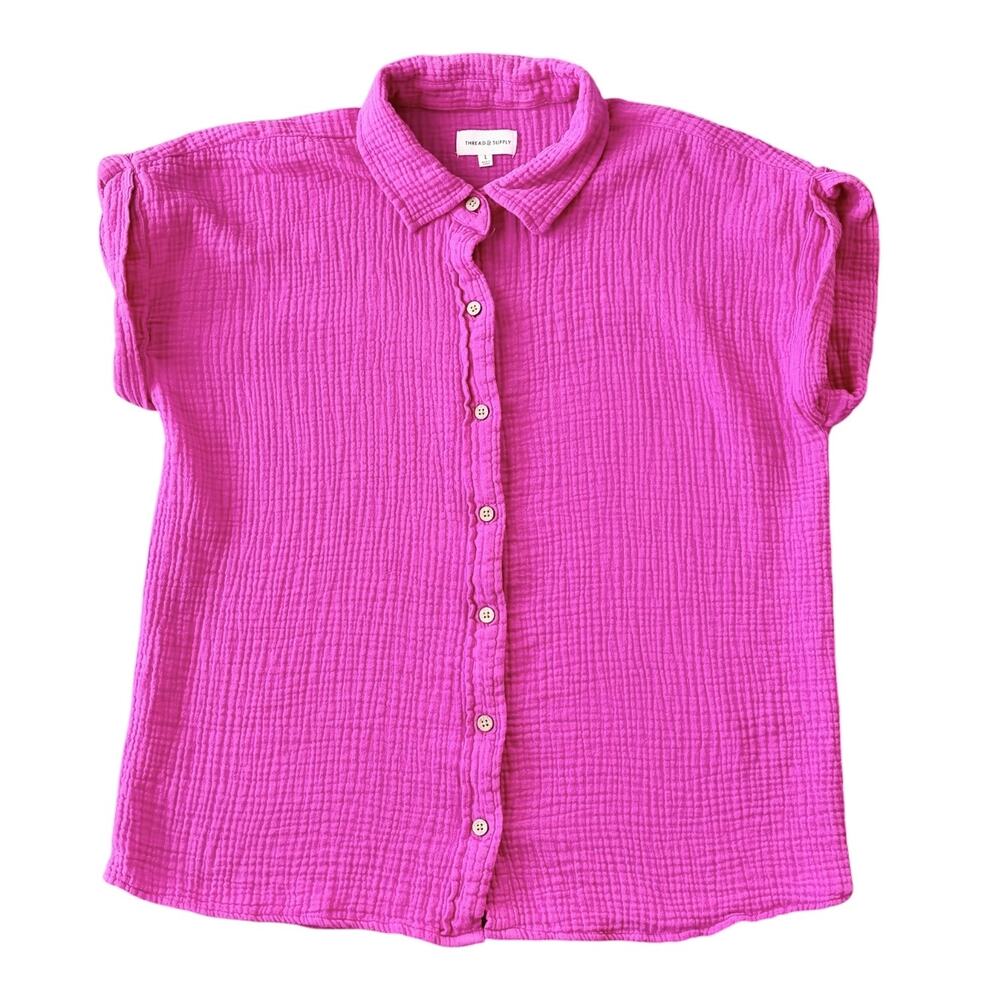 Thread & Supply Pink Gauze Cotton Button Up Shirt Boho Barbiecore Resort